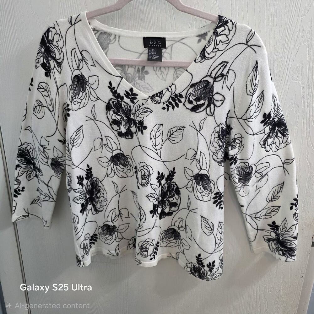 Vtg RQT Women's Black And White Floral Long Sleeve Blouse Top PL Y2K Cottagecore
